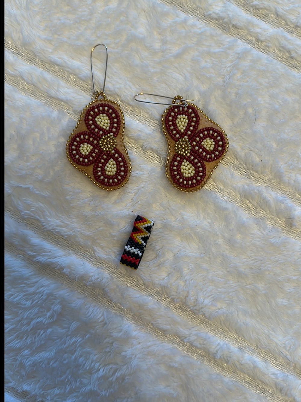 Handmade Beaded Red and Cream Dangle Earrings